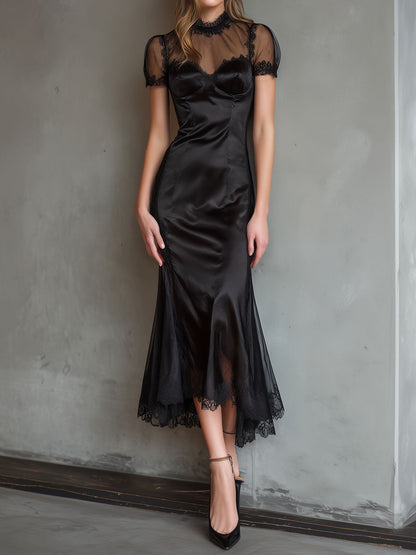 VESTIDO MIDI SATÉN NEGRO CUELLO ALTO ENCAJE
