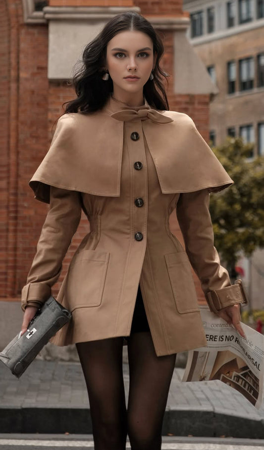 CHAQUETA CON CAPA Y CINTURA ENTALLADA