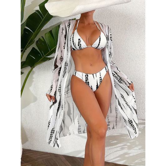 Riviera Radiance Trio – Bikini, Braguita & Kimono Largo para un Completo Look de Playa