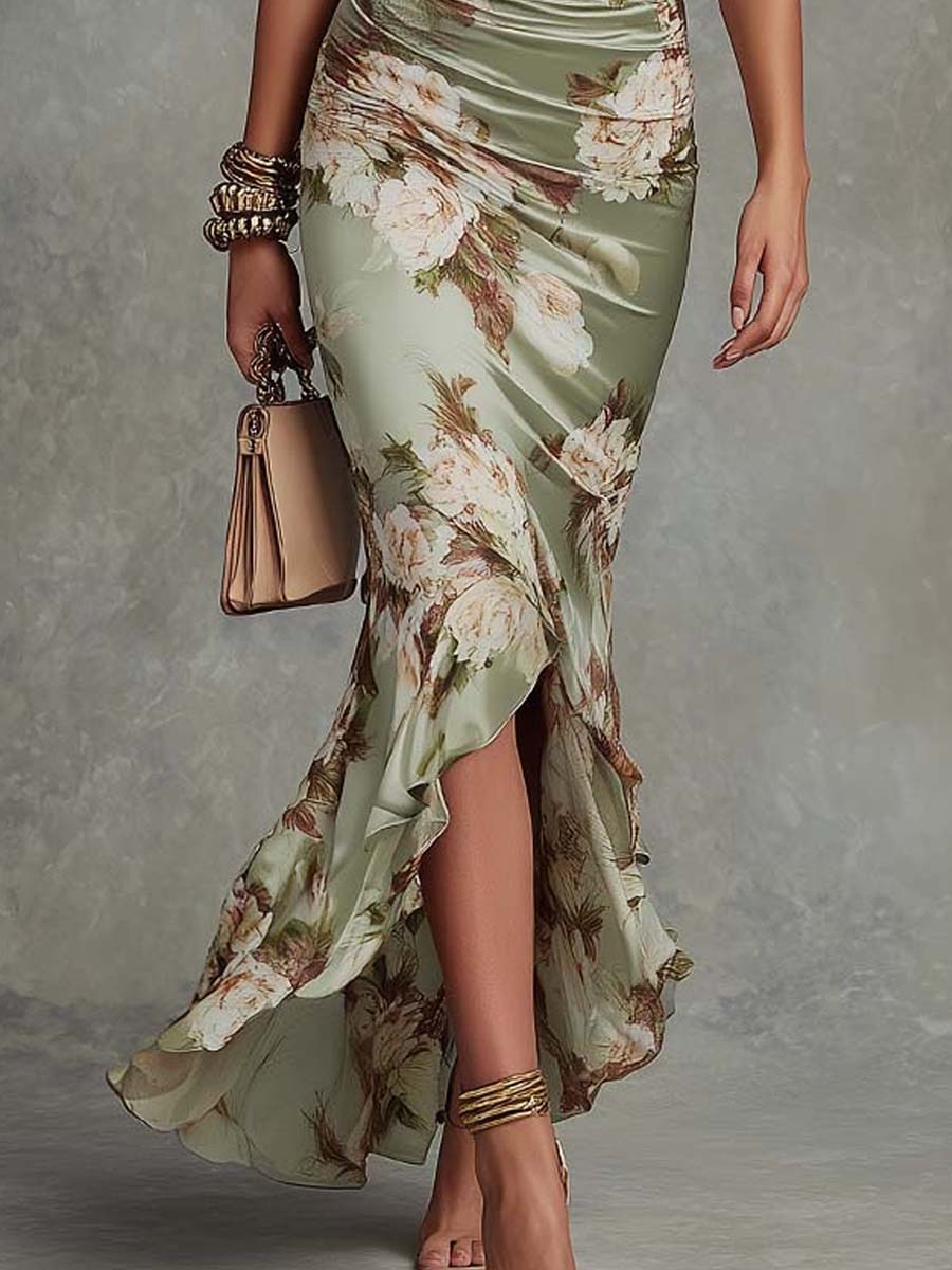 Anna – Vestido Largo Asimétrico en Satén Floral