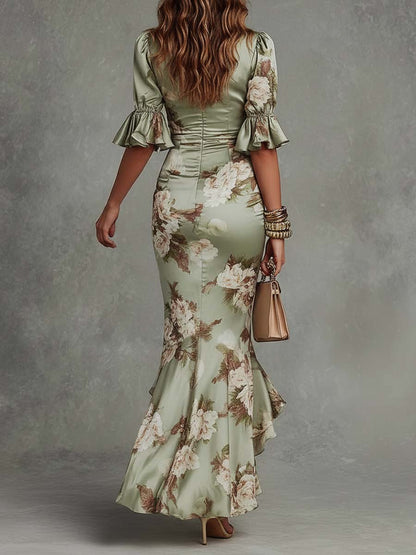 Anna – Vestido Largo Asimétrico en Satén Floral