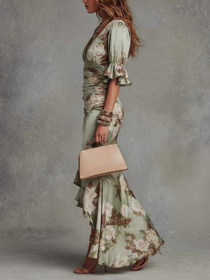 Anna – Vestido Largo Asimétrico en Satén Floral