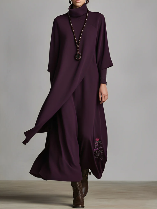 VESTIDO MAXI DE PUNTO DRAPEADO CON BORDADOS EN TONO VIOLETA OSCURO