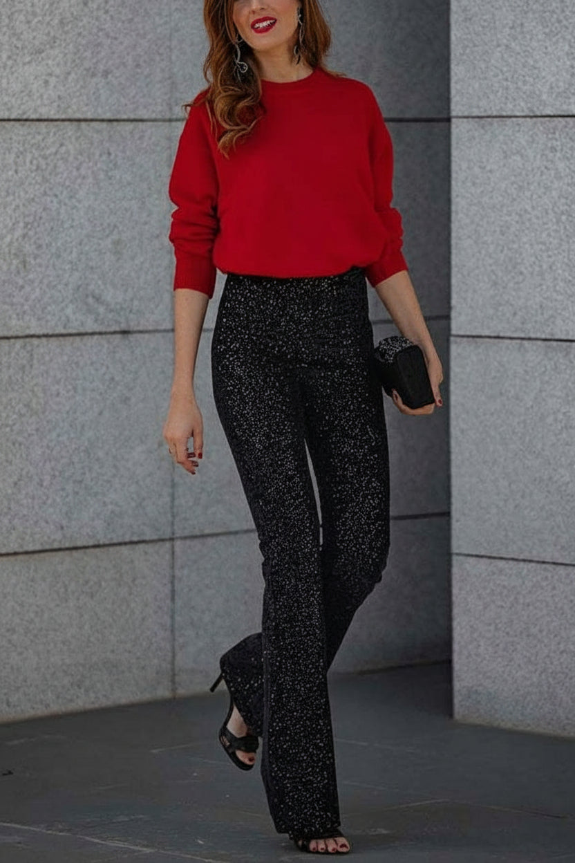 PANTALONES ACAMPANADOS DIVA | LENTEJUELAS, TIRO ALTO Y CINTURA ELÁSTICA