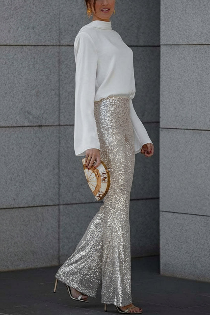 PANTALONES ACAMPANADOS DIVA | LENTEJUELAS, TIRO ALTO Y CINTURA ELÁSTICA