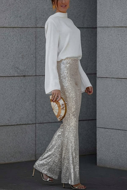 PANTALONES ACAMPANADOS DIVA | LENTEJUELAS, TIRO ALTO Y CINTURA ELÁSTICA