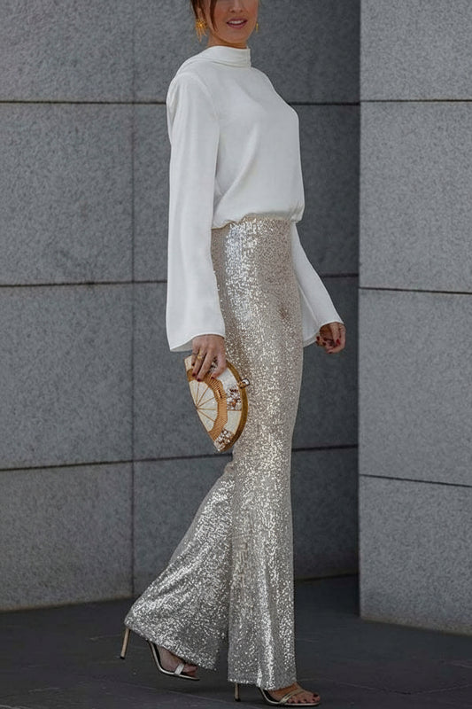 PANTALONES ACAMPANADOS DIVA | LENTEJUELAS, TIRO ALTO Y CINTURA ELÁSTICA