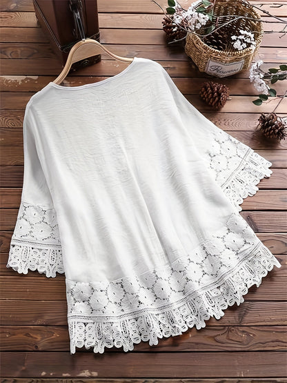 Elegant Lace – Blusa con encaje Patchwork y cuello en V