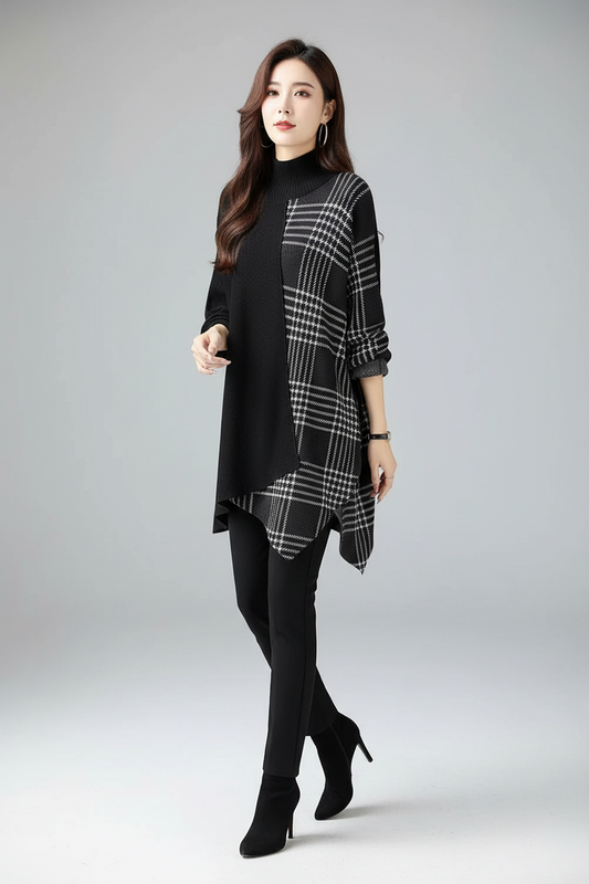 SUÉTER ASIMÉTRICO DE CUELLO ALTO A CUADROS