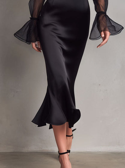 VESTIDO MIDI SATÉN NEGRO MANGA CAMPANA TRANSPARENTE