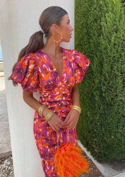 Arielle | Vestido floral con mangas plisadas